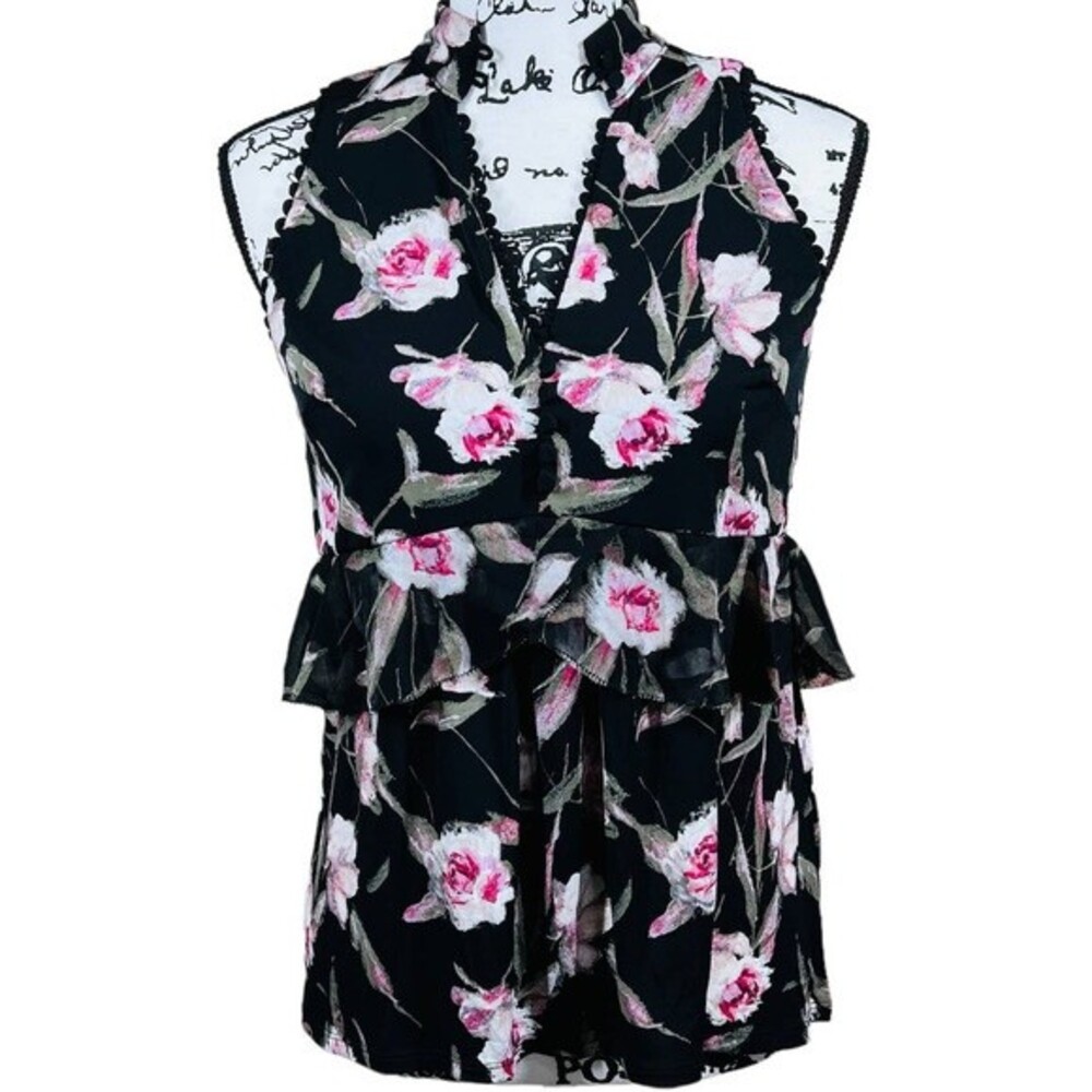 White House Black Market black top women floral sleeveless peplum size XS